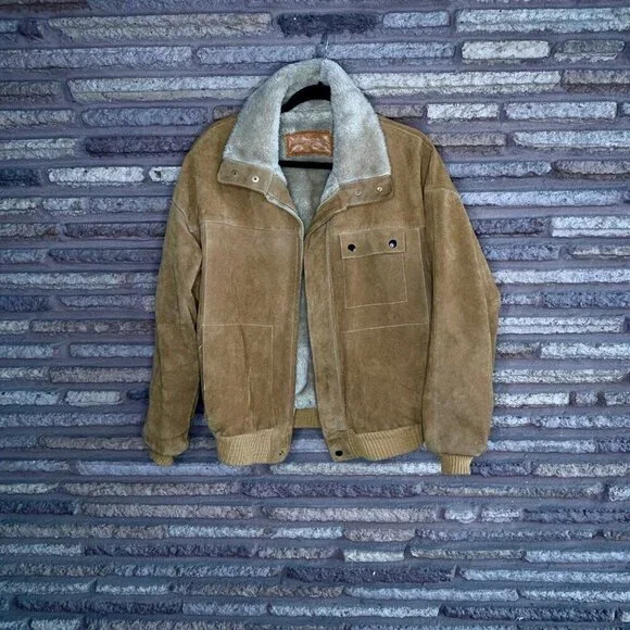 William Barry Tan Suede Flight Bomber Jacket Sherpa Lined Vintage Size 40